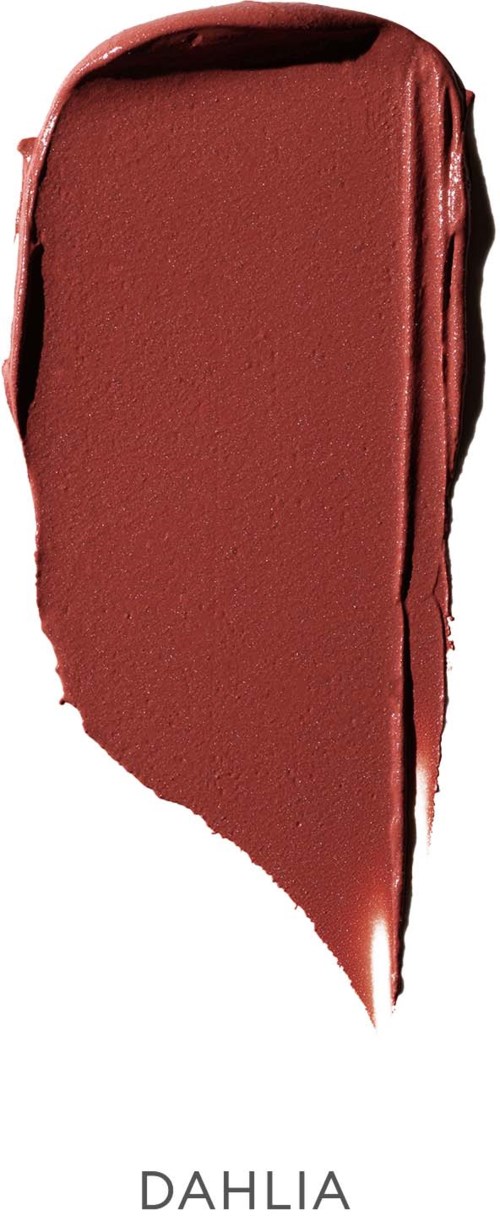 A red lipstick swatch with a smooth, shiny surface and rounded shape, labeled "Dahlia".