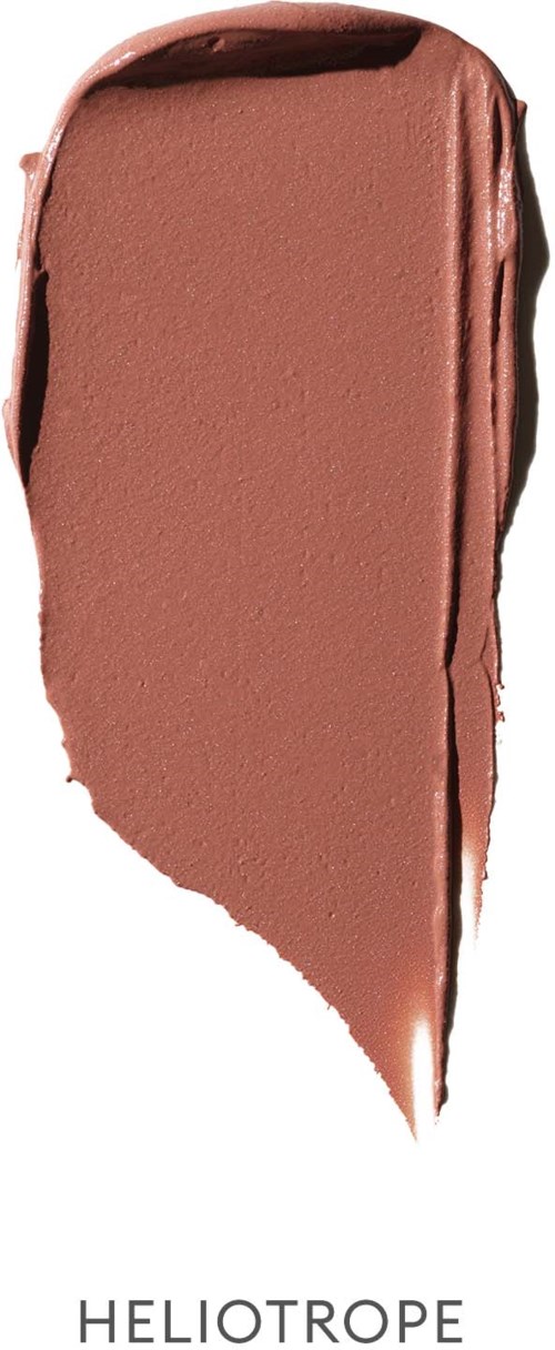 A swatch of light brown lipstick with a shiny finish, shaped like a teardrop on a white background.