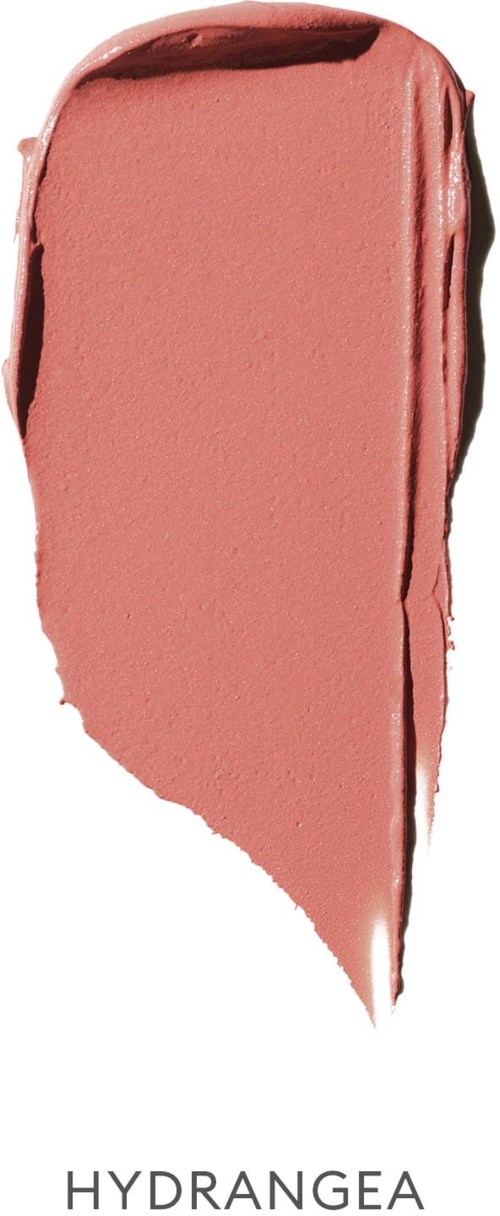 A makeup swatch in a soft pink color with a shiny finish, labeled 'HYDRANGEA'.