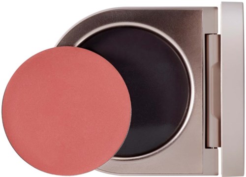 A makeup compact with a pink blush and a mirror inside, in a silver case.