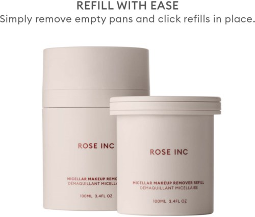 To hvite beholdere merket 'ROSE INC' for sminkfjerner påfyll, enkle å bruke ved å fjerne tomme og klikke på nye.