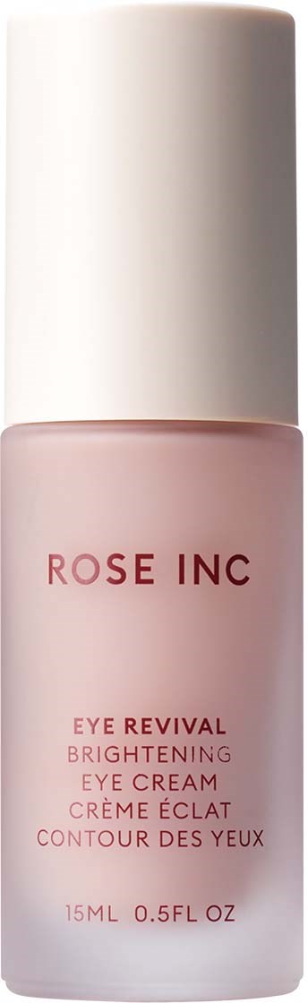 Een kleine roze fles met 'ROSE INC' bevat oogcrème, witte dop en eenvoudig ontwerp.
