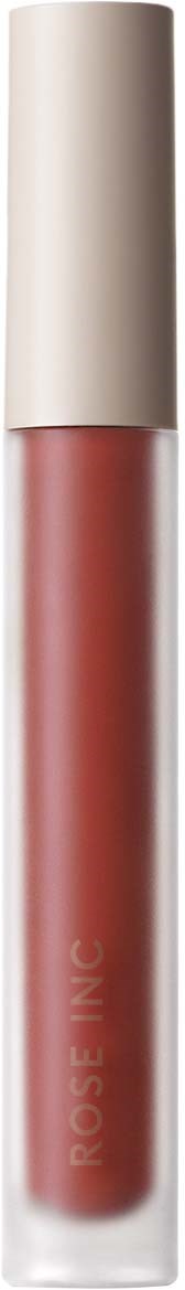 A liquid lipstick in a clear tube with a beige cap, labeled "ROUGE".
