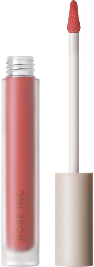 Lippie with pink gloss and white applicator stick. The tube says 'ROSE INC' in light red text.