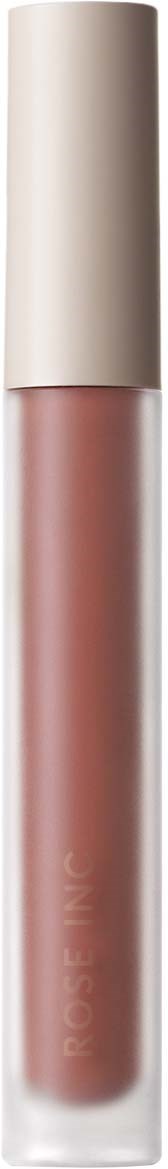 A tube of liquid lipstick with a beige cap and a clear body showing the nude color inside.