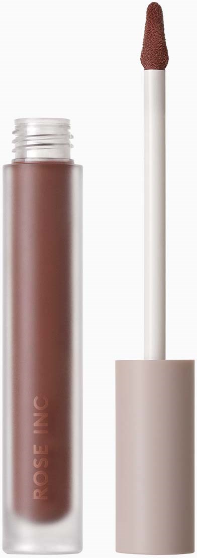 A lip gloss tube with a brush applicator, in nude brown color.