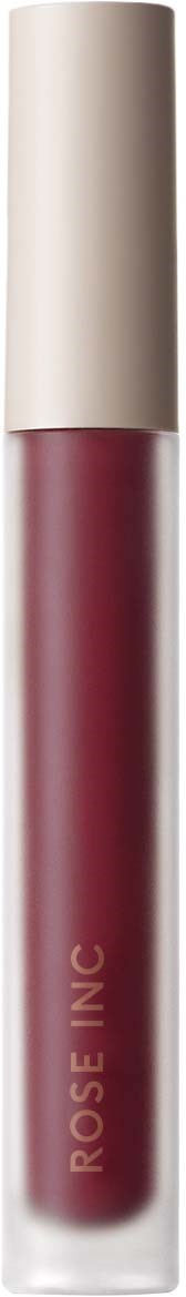 A lipstick tube with a white top and a burgundy-colored bottom labeled 'ROSE INC' on a black background.