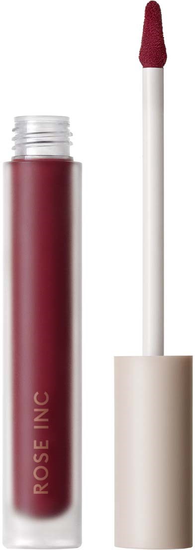 Lip gloss tube with a wand, labeled 'ROSIE INC,' contains a dark pink shade.