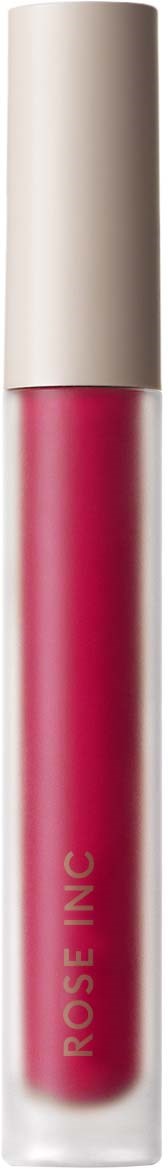 A lipstick tube with a white cap and pinkish-red color, labeled 'ROSE INC'.