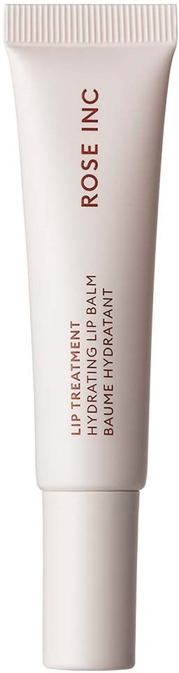 Pieni valkoinen putkilopaketti, jossa lukee 'Rose Inc Lip Treatment Hyaluronic Acid' kosteuttamaan huulia.