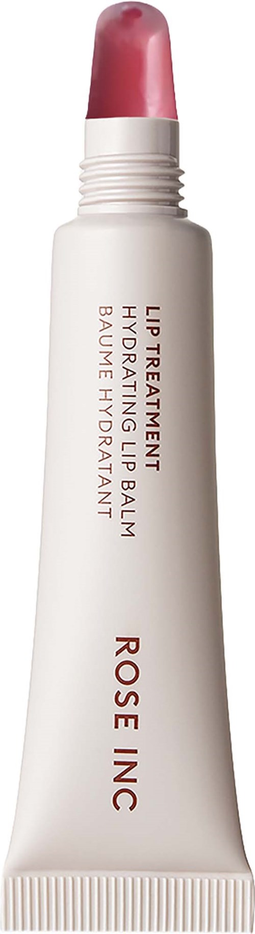 A tube of lip treatment with a pink cap and white body, labeled with product details in red and black text.