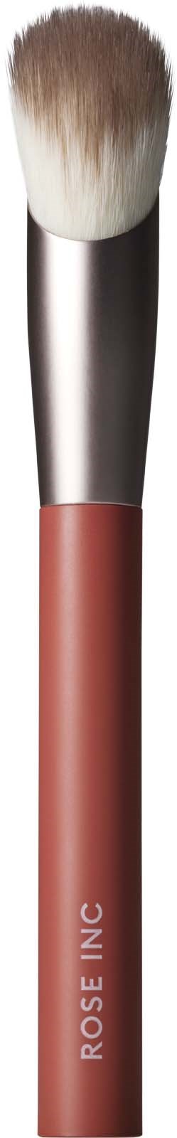 A makeup brush with a silver handle and soft white and brown bristles.