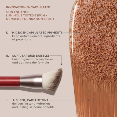 A foundation brush with soft bristles is shown next to a liquid with a glossy, smooth surface and textured particles.