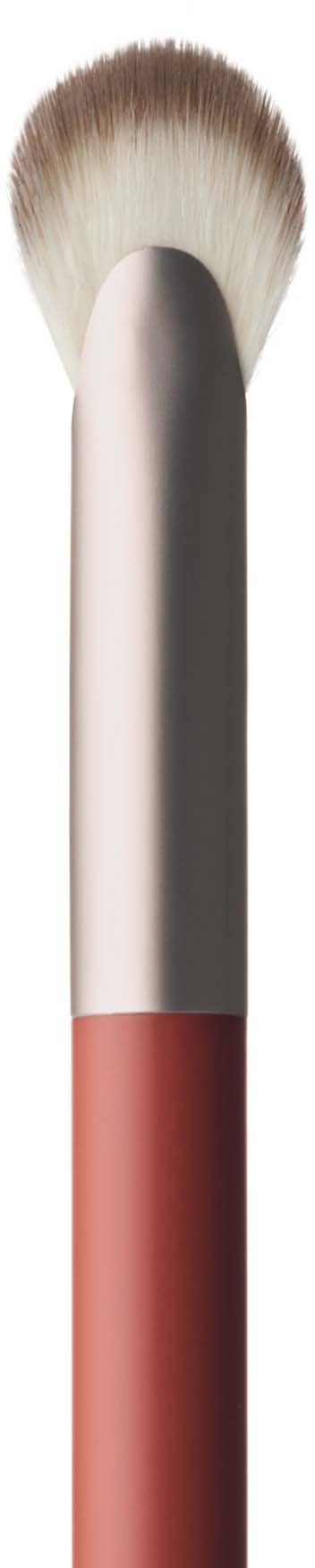 A makeup brush with white and brown bristles, a gray handle, and a pink bottom section.