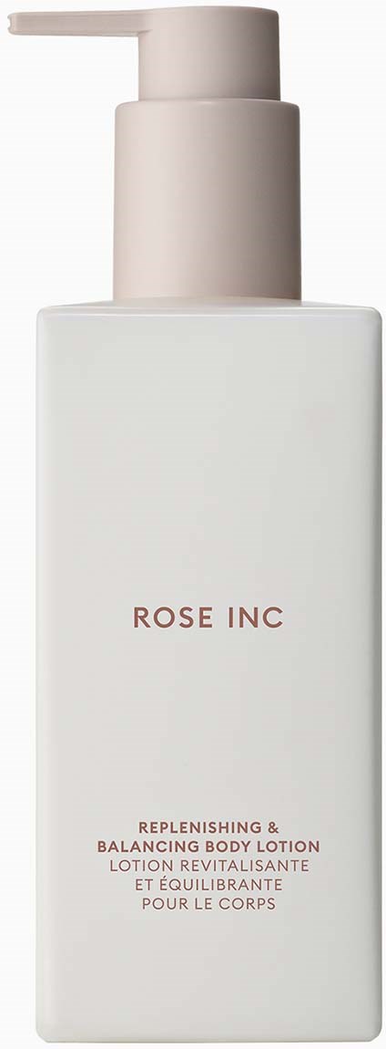 A white bottle with a pump, labeled Rose Inc, for body lotion. It is simple and elegant.