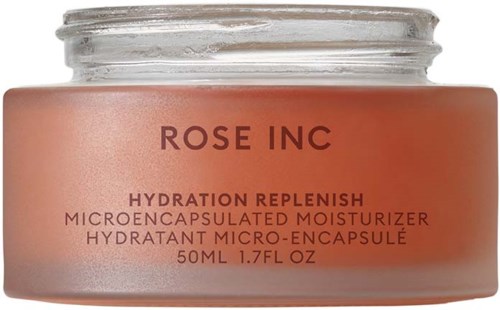 Słoik marki Rose Inc Hydration Replenish z nawilżającym kremem z różową i brązową etykietą.