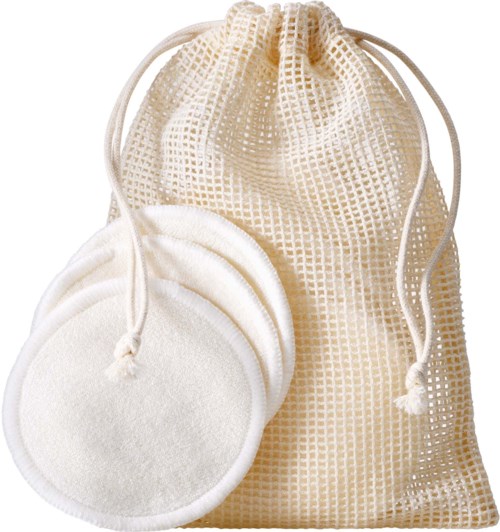 Soft facial cleansing pads with a drawstring pouch for storage.