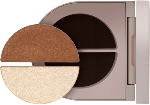 A compact with two round makeup sponges, one brown and one beige, inside a case.