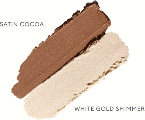 Two swipes of makeup: one in satin cocoa, one in white gold shimmer.