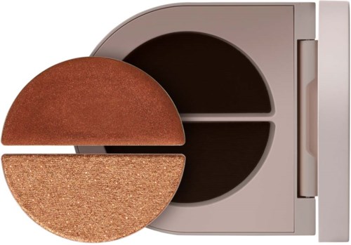 A makeup palette with three shades: matte brown, shimmery gold, and glittery bronze.
