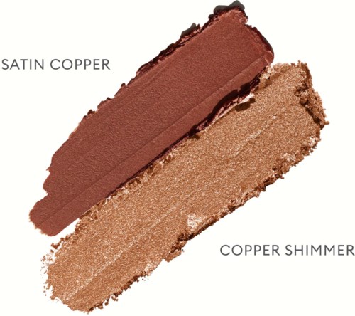 Two shades of bronze makeup swiped across a white background, labeled 'Satin Copper' and 'Copper Shimmer.'