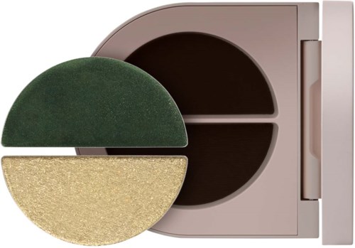 A round eyeshadow palette with green, gold, and brown shades for makeup application.