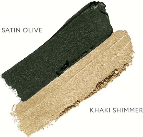 Satin olive and khaki shimmer swatches with labels. Colors are dark green and beige with shiny effect.