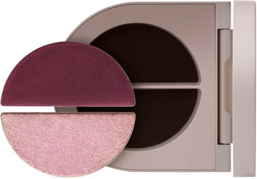 A makeup compact with dark pink, light pink, and beige powders inside, with a mirror lid.