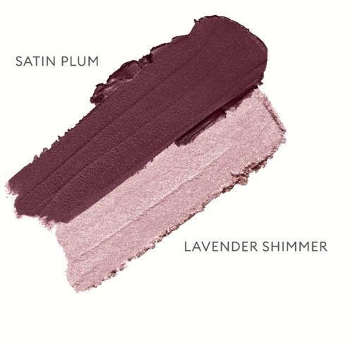 Two makeup shades: dark plum satin and light lavender shimmer. Text labels indicate the types of finishes.