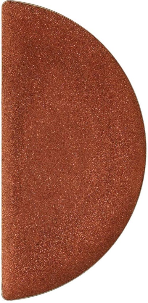 A half-circle sanding sponge with a rough, reddish-brown surface.