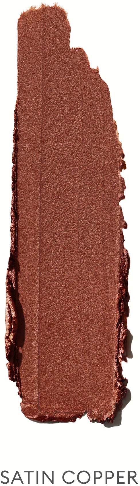 A makeup swatch labeled "Satin Copper" in bronze color, with a rough edge on the sides.