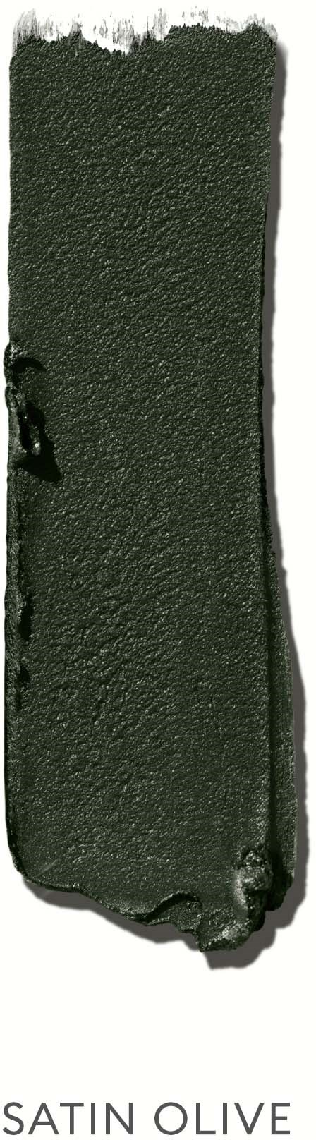 A long, narrow strip of dark green paint labeled "SATIN OLIVE," with some rough edges and uneven texture.