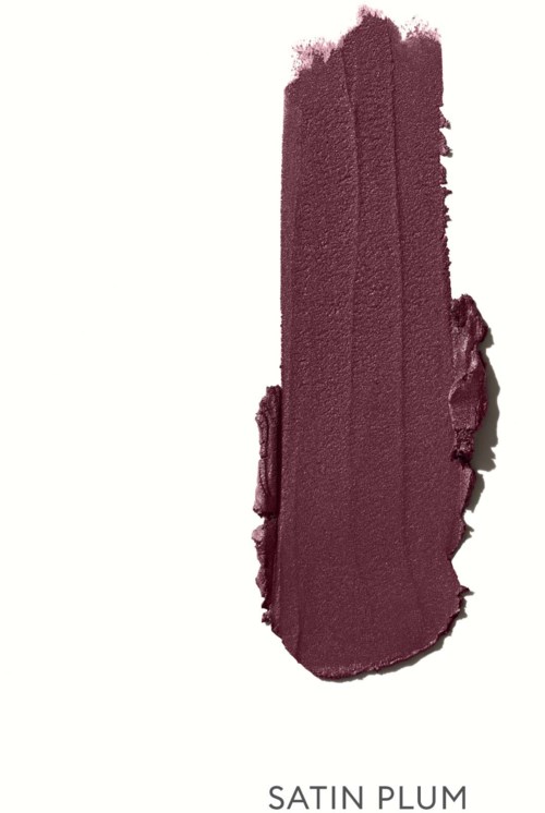 A thick, dark purple lipstick smear with the words "SATIN PLUM" underneath.