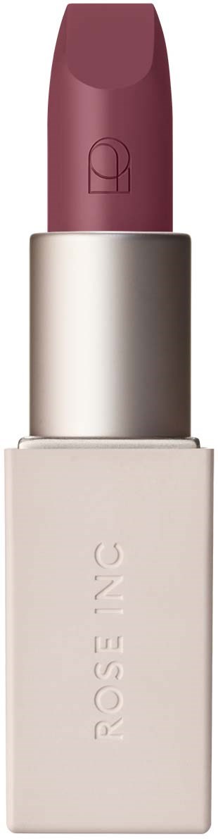 A lipstick in a light pink container with the brand name 'ROSE' on it, and the lipstick itself is a dark pink shade.
