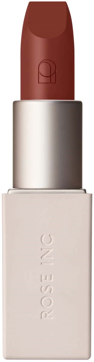 A lipstick with a white base and a brownish-red color. The brand name 'ROSE' is written on the base.