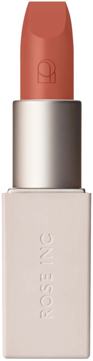 A rose-colored lipstick in a white tube, with a silver band near the middle.