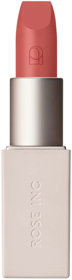 A lipstick tube with a pink shade, white case, and silver middle part. The case has the brand name ROSENSE.