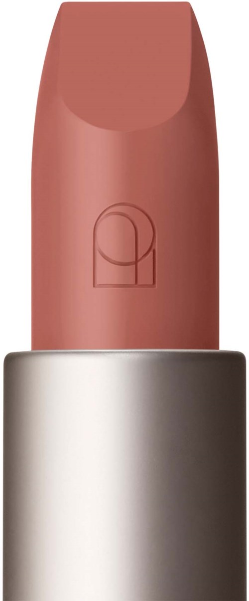 A lipstick with a soft pink color, in a silver container with a simple, modern design.