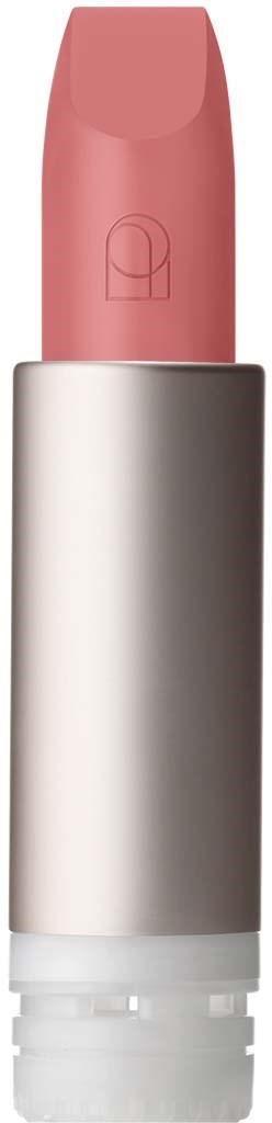 Pink lipstick in a silver case, with a simple, rounded shape and smooth surface.