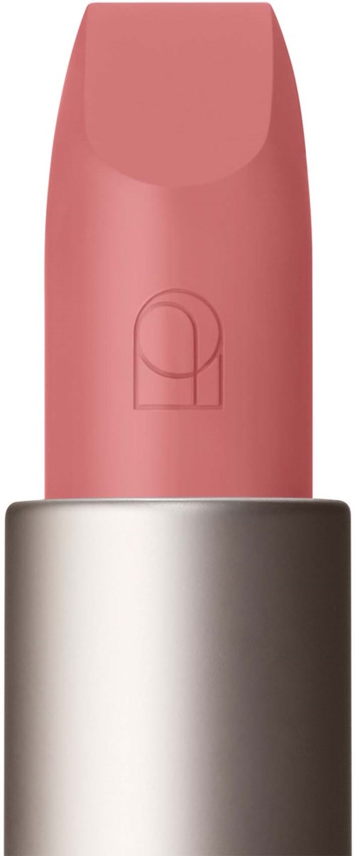 A lipstick with pink color in a silver case. The lipstick is partly extended showing the top part.