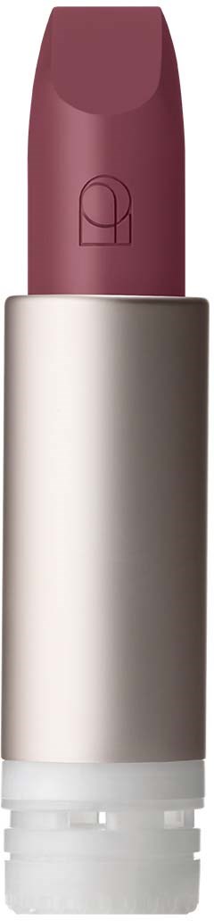A lipstick in a silver case with a mauve shade. The lipstick has a logo engraved on it.