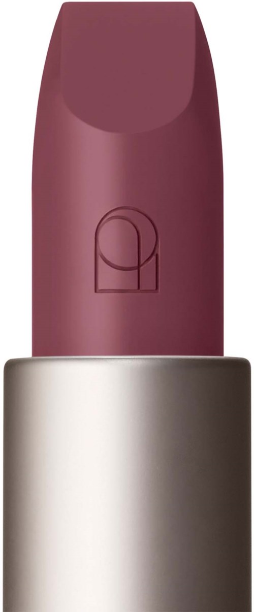 A lipstick tube with a mauve lipstick inside, part of a metallic silver casing.