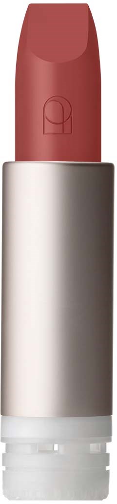 A lipstick with a silver tube and pinkish-brown color. It is standing upright.