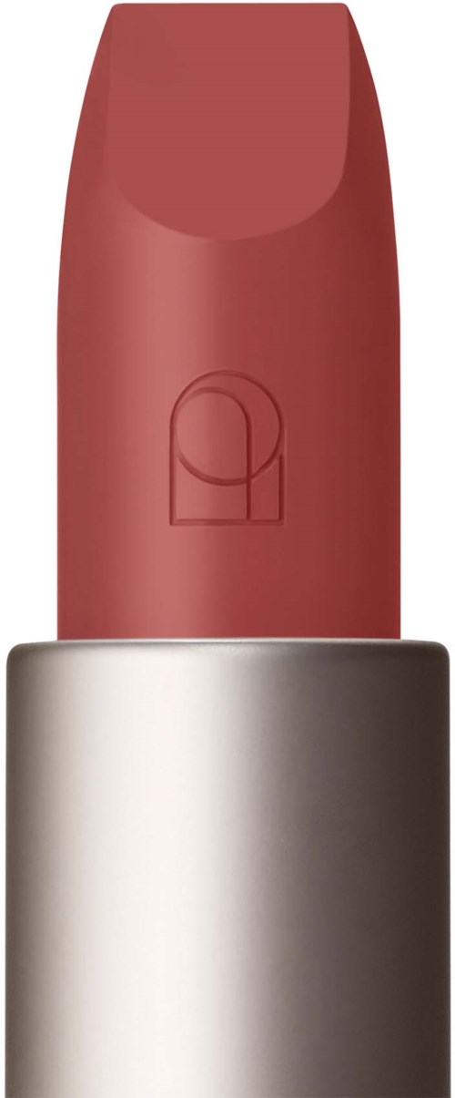 A close-up of a lipstick with a silver base and pinkish color, slightly rounded tip.