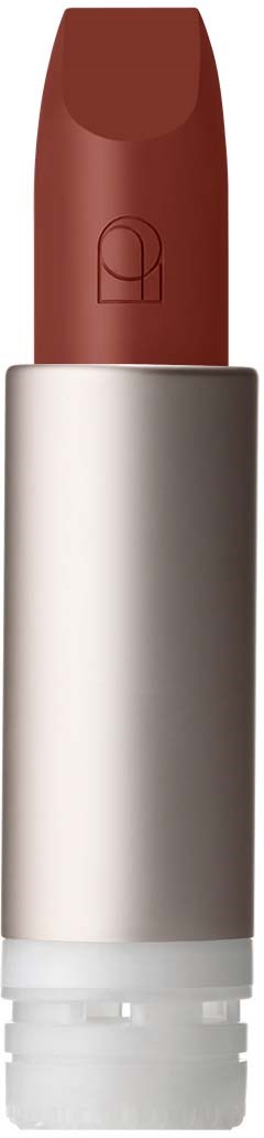 A brown lipstick in a silver tube with a logo on the top. It is standing upright.