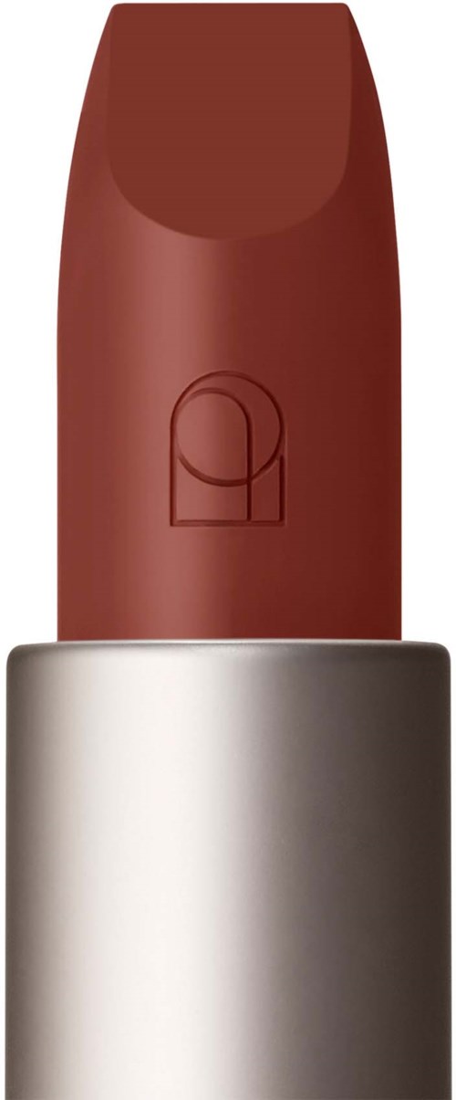 A lipstick with a red-brown color in a silver tube.