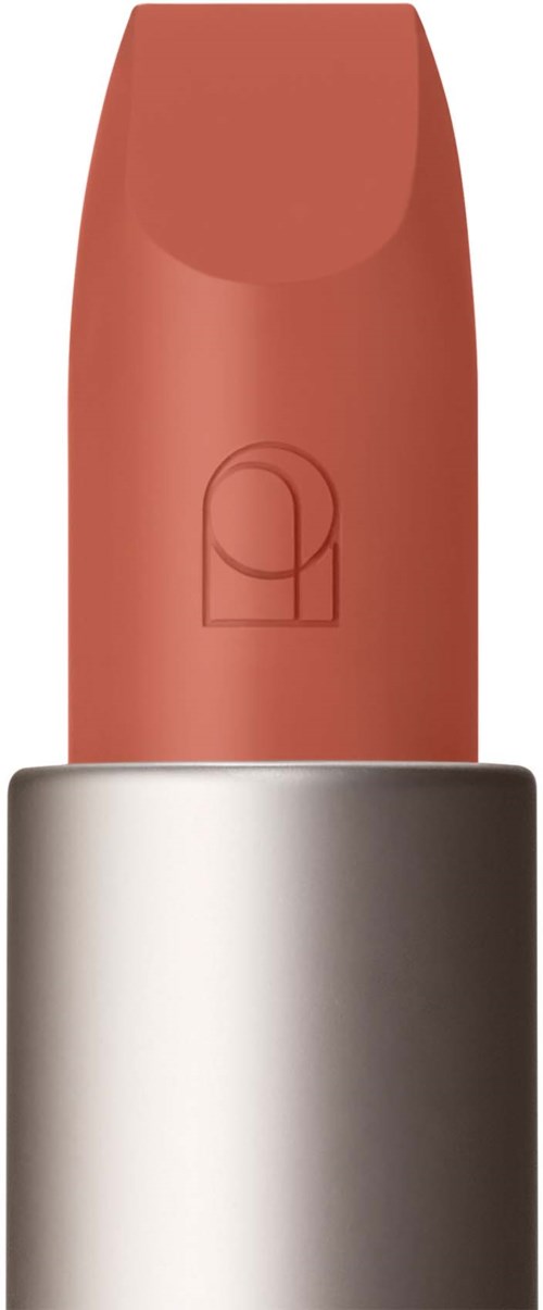 A lipstick with a pinkish shade in a silver case, with a slight shine and a simple logo on the top.