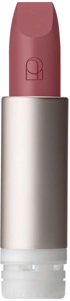 A pink lipstick in a silver tube with a logo on the top cap.