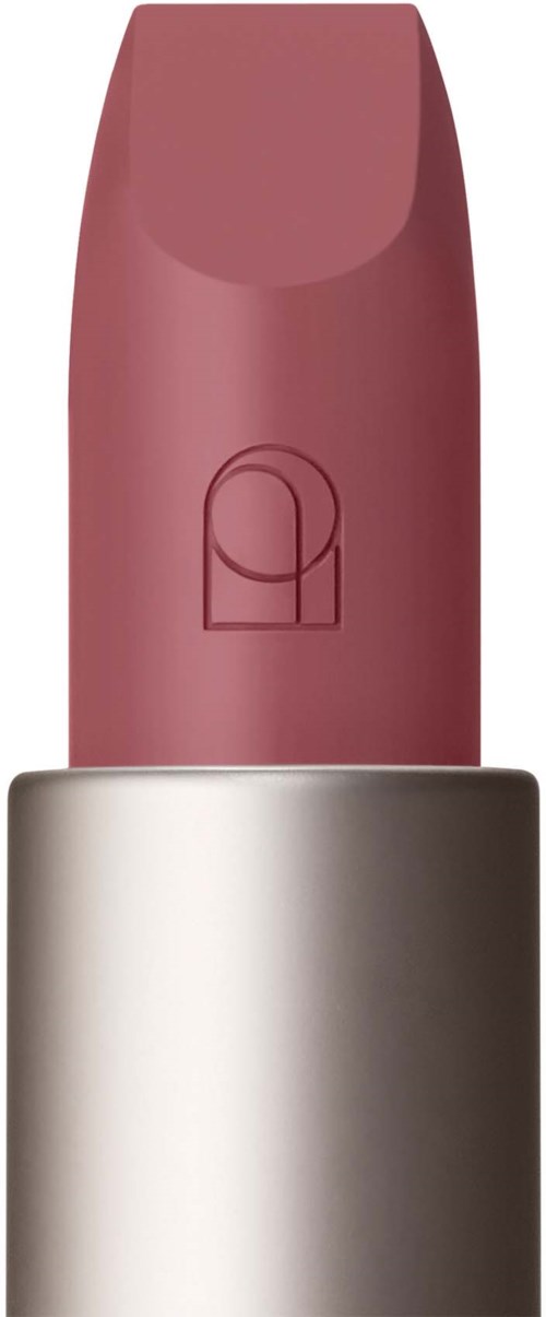 A lipstick with a pinkish shade in a silver tube.