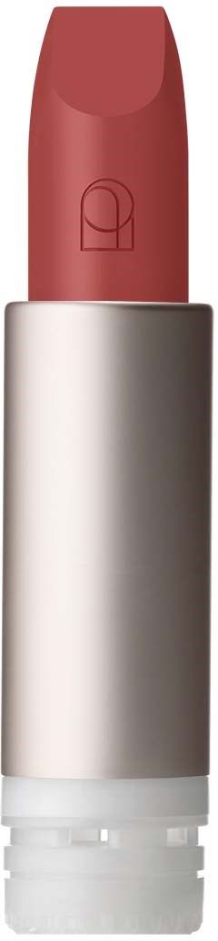 A lipstick in a silver tube with a brownish-red shade. Simple and elegant design.